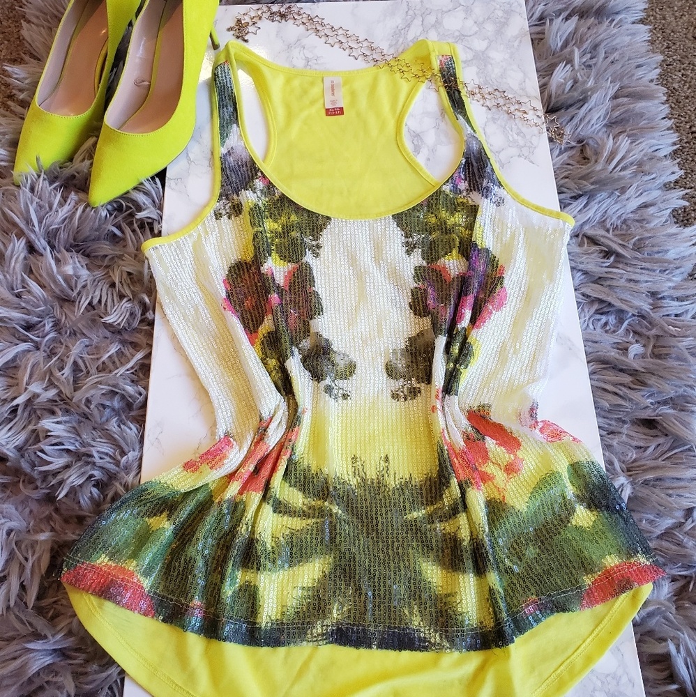 Yellow No Boundaries floral sequins tank top